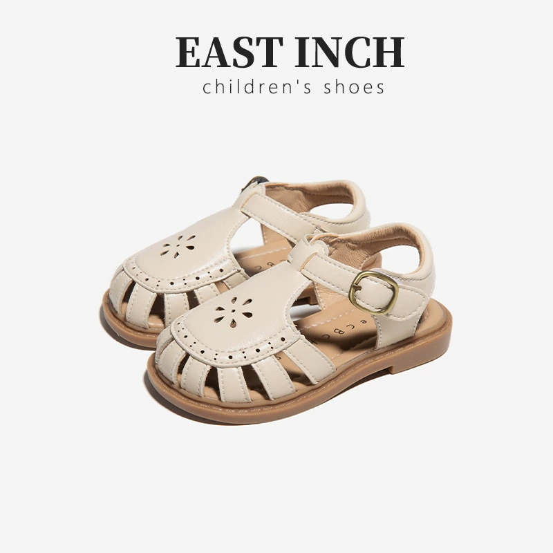 Натуральные кожаные сандалии для девочек в корейском стиле, ретро, закрытые, британские, летние 2025, для малышей, пляжная обувь