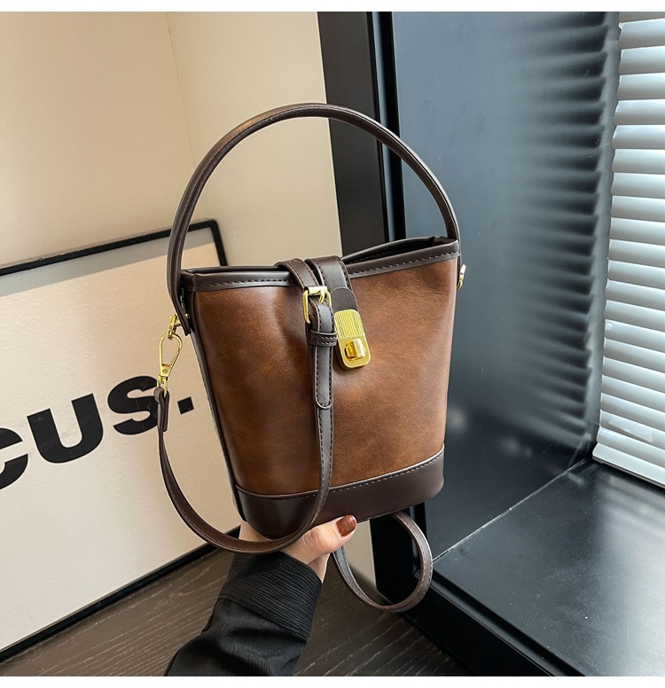 New Women's Bag Maillard Handheld Bag Women's Retro Contrast Color Bucket Bag Small and Versatile One Shoulder Crossbody Bag_voghion.com