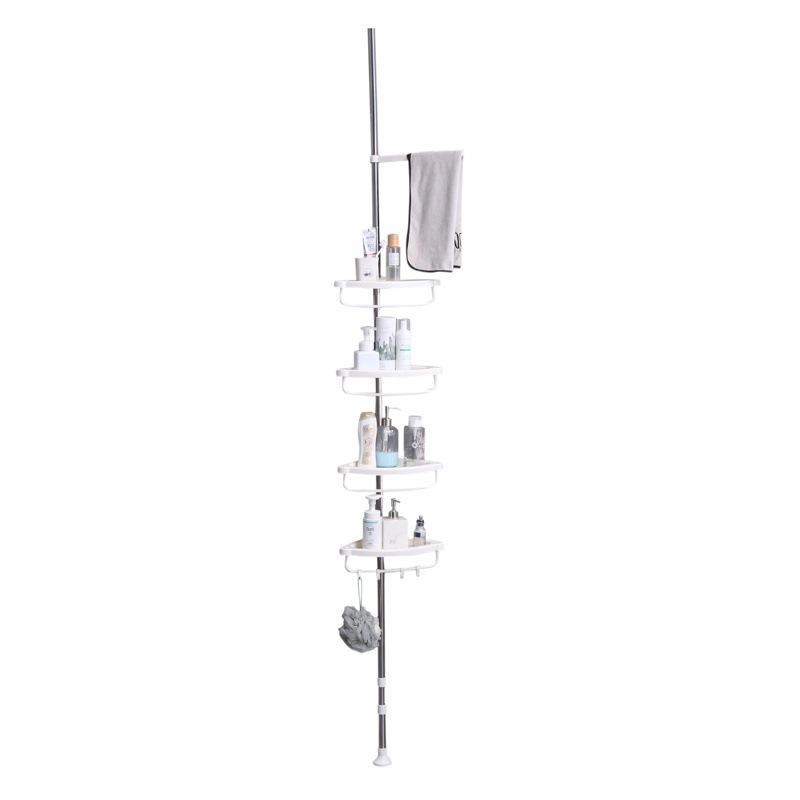 Estante de almacenamiento multicapa sin perforaciones para baño de acero inoxidable de piso a techo, estante de almacenamiento con drenaje, estante esquinero telescópico de pie