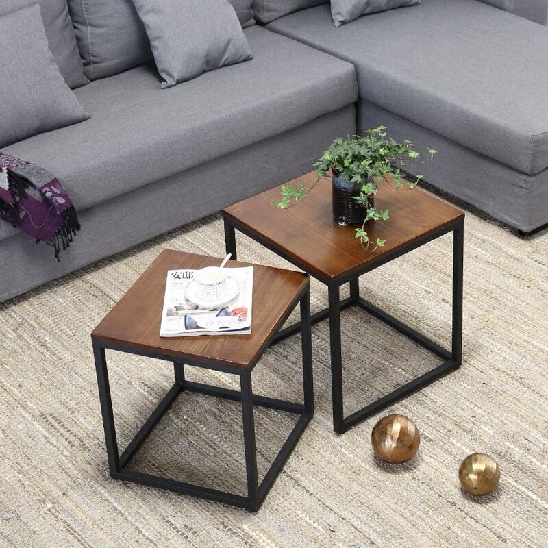 Nordic Wrought Iron and Solid Wood Coffee Table for Small Apartments, Minimalist Creative Side Table, Dark Brown Square Nesting Coffee Table Nordic Wrought Iron and Solid Wood Coffee Table for Small Apartments, Minimalist Creative Side Table, Dark Brown Square Nesting Coffee Table