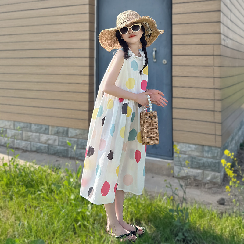 QZ3426 summer new Korean version of children's clothing parent-child clothing girls big children's big wave point vest skirt dress cross-border supply