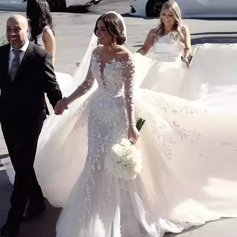 Wedding Dress Bead Embroidered Branch Flower Lace Fishtail Detachable Two-Piece Wedding Dress Factory Direct Sales and Delivery