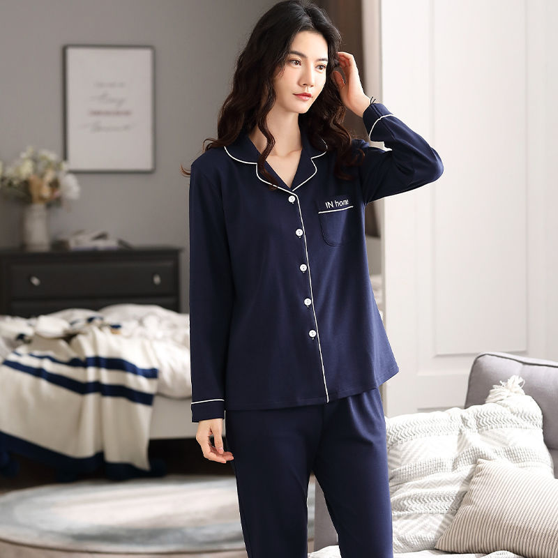 Pijamas de algodón para mujeres primavera y otoño de manga larga moda cardigan juvenil de mediana edad set de ropa casera casual se puede usar fuera