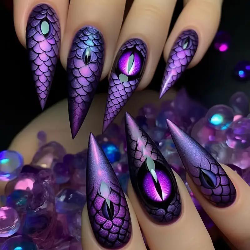 Gothic Style Purple and Black Scale Wearable Nails, Dark Manicure Patches, Sexy Personalized Fake Nails, Long Almond-Shaped Nails