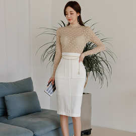 时尚女士两件套2023秋季韩版气质立领透视蕾丝衫高腰包臀裙套装