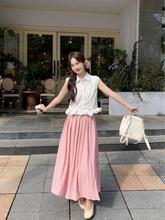 法式高级感套装女韩系POLO领白色花边无袖衬衫粉色半身裙两件套潮