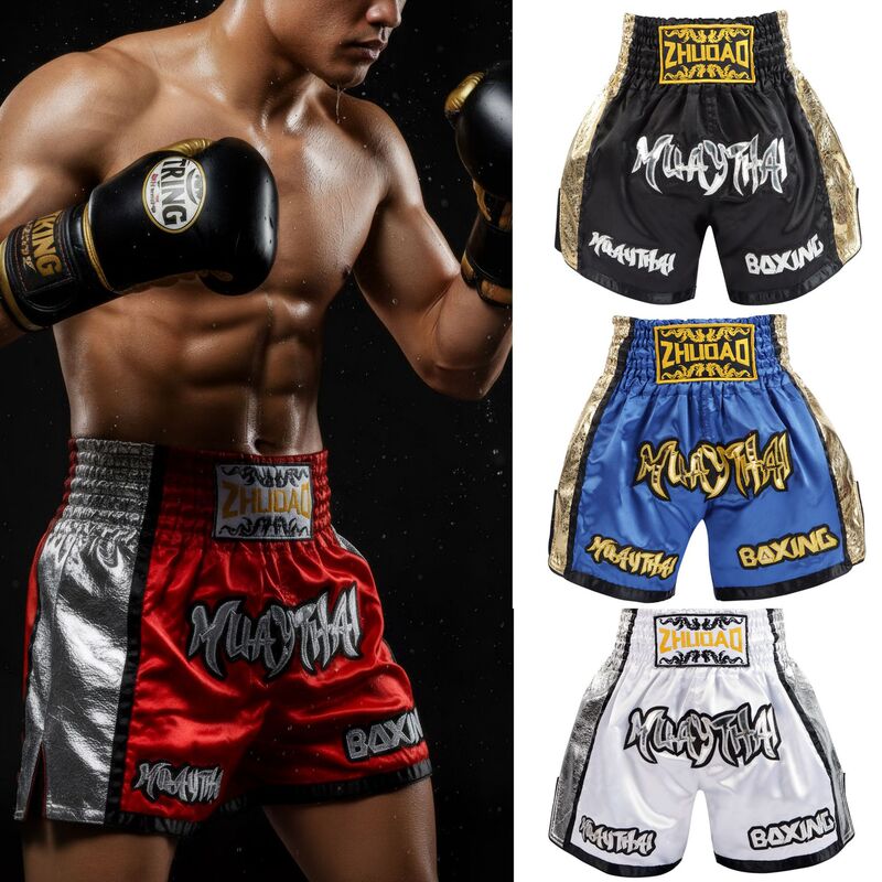 Cross-Border New Muay Thai Shorts, High Whip Leg Boxing Pants, Shiny Leather Craft Martial Arts Team Uniforms on the Side