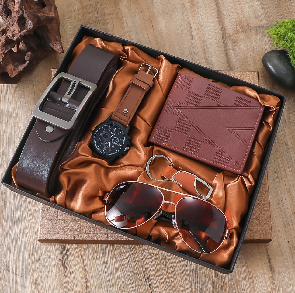 A08223men regalo conjunto regalo de negocios traje cartera + cinturón + gafas + reloj 4 pcs/s