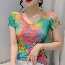 欧洲站薄款夏季女装批发2023彩色晕染动物小鸟上衣大码七彩撞色