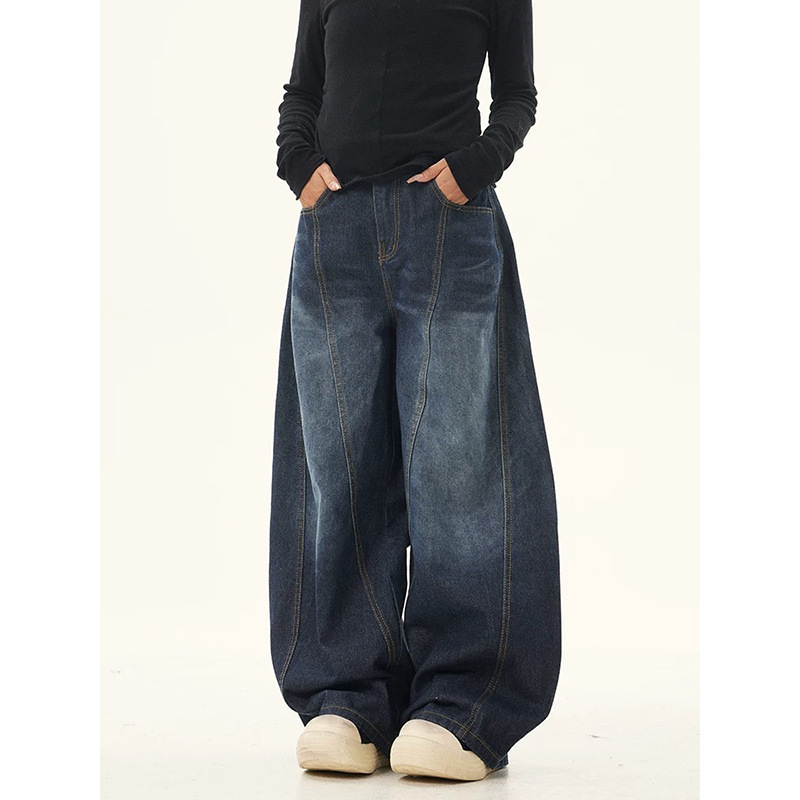 Sabre Design Washed Dark Blue Jeans for Women American Retro High Street Floor-Length Straight Wide-Leg Loose Pants