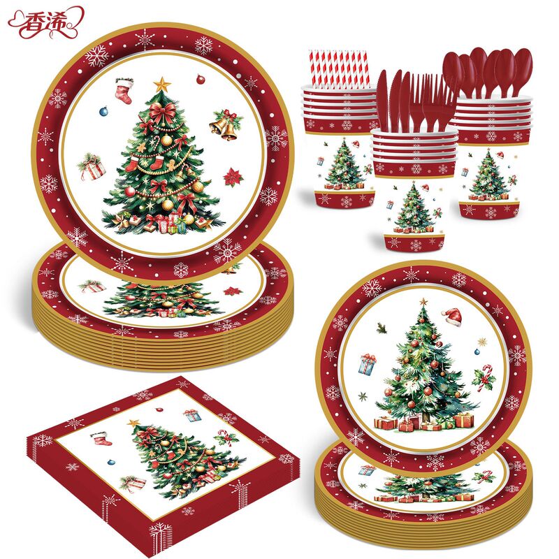 Red Christmas tree Christmas-themed disposable paper plates, paper cups, paper napkins, party set, decorative cutlery, forks, spoons, and supplies Red Christmas tree Christmas-themed disposable paper plates, paper cups, paper napkins, party set, decorative cutlery, forks, spoons, and supplies