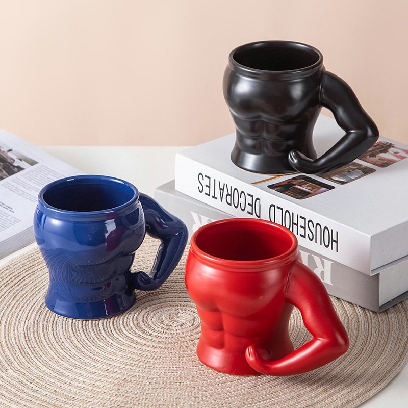 创意3D腹肌杯肌肉男造型杯彩色陶瓷马克杯咖啡杯黑色红色水杯瓷杯