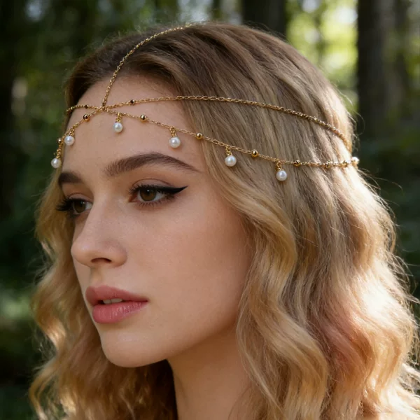 European and American Cross-Border New Fashion Pearl Tassel Hair Accessories, Bridal Wedding Accessories, Ethnic Style Multi-Layer Metal Hair Chain
