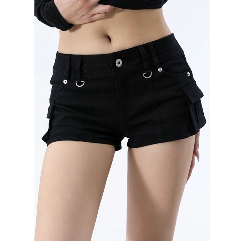 American Hot Girl Black Low-Waist Denim Shorts Women's Elastic New Slimming Look Ultra-Short Hip-Covering Casual Hot Pants Trendy