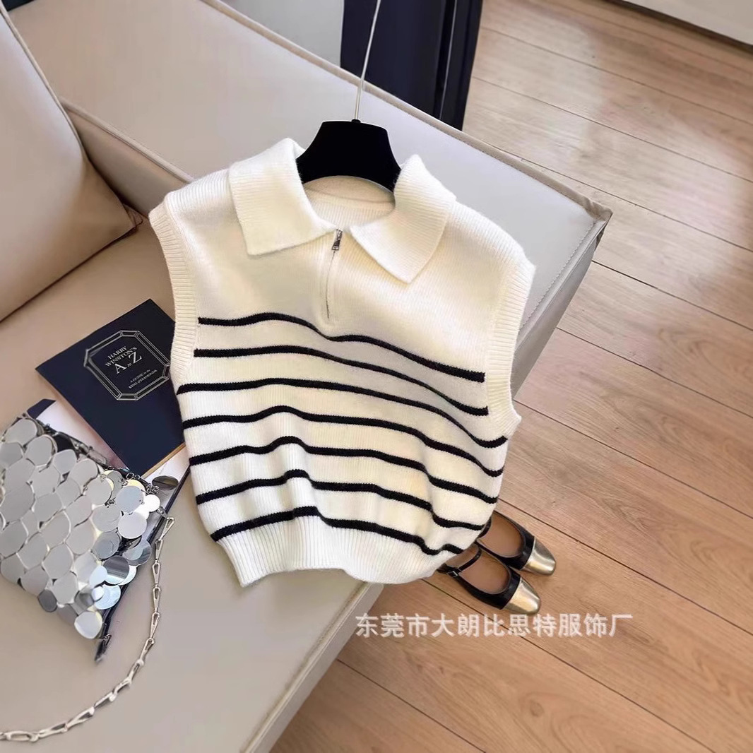 Vest Spring and Autumn New 2023 Knitwear Women's Loose Vest Polo Tie Zipper Sleeveless Striped Sweater Vest