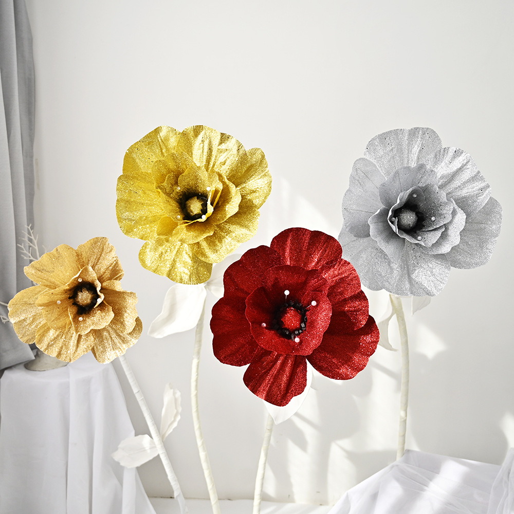 仿真罌粟迎賓花金粉罌粟花婚慶路引櫥窗假花大花頭虞美人廠家批發