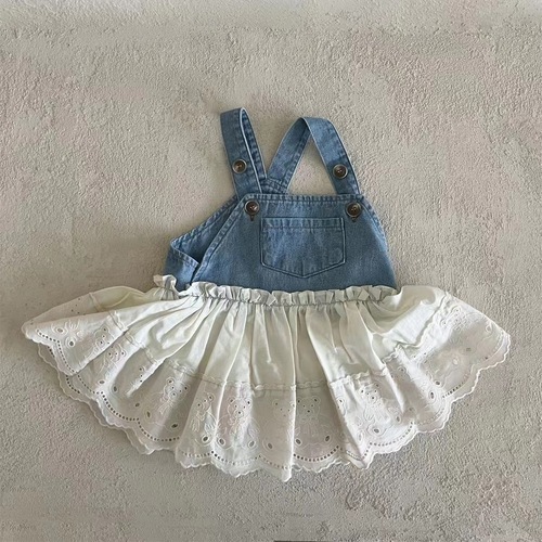 Korean Version Cute Baby and Toddler Clothing Soft Denim Patchwork Girls Spring Embroidered Bear Dress