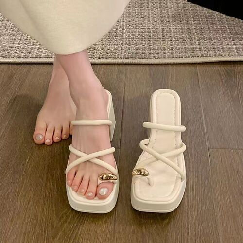 Women's 2024 Summer New Fashion Thick Sole High Heel Slides with Crocs Toe Ring