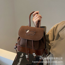 复古学院风双肩包包女2024新款韩国撞色小众手提水桶包单肩背包潮