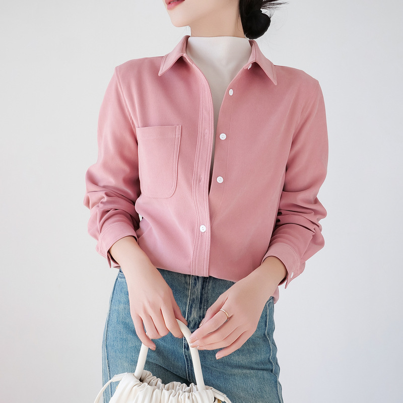Thickened Brushed Pink Shirt for Women, Suitable for Spring and Autumn, with a High-End Vintage Hong Kong Style, Suitable for Layering, Slightly Loose Fit, Inner Shirt