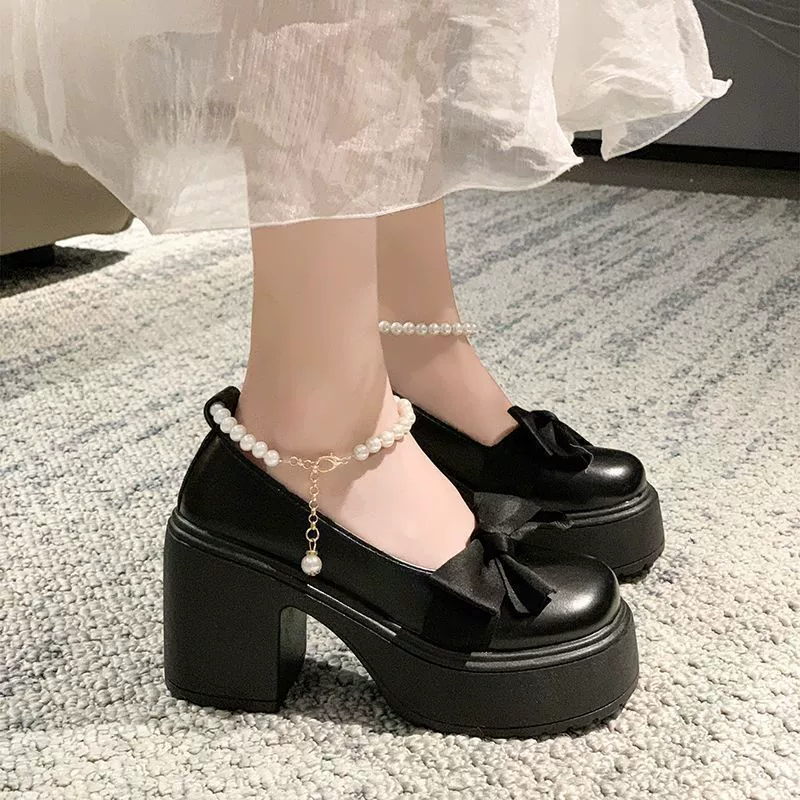 Туфли на платформе с бантом (Shijang), кожаные, жемчужная цепочка, каблук 3–9 см, французский стиль