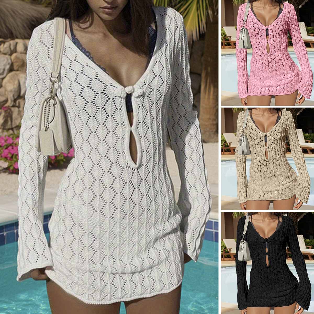 2025 European and American Women's Vacation Sun Protection Long-Sleeved Pullover Beach Skirt Pure Color Fashion Hip-Covering Short Knitted Dress