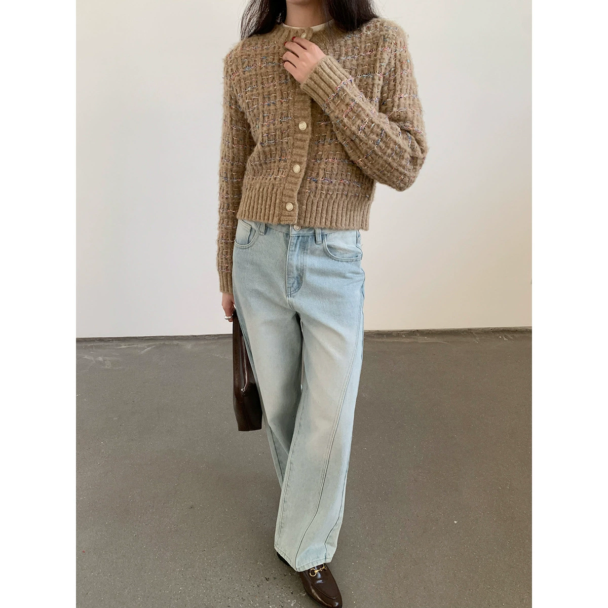 Yi En Oinbyin Тяжелый трикотажный свитер куртка женский новый ретро с круглым вырезом с длинными рукавами трикотажный кардиган