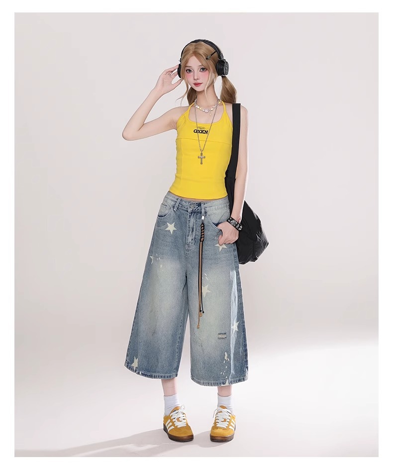 Quần short denim nữ phong cách Mỹ cổ điển, dáng rộng in hình ngôi sao — Màu xanh nhạt ([mẫu cao cấp, mềm mại và thoải mái hơn]) chi tiết 4