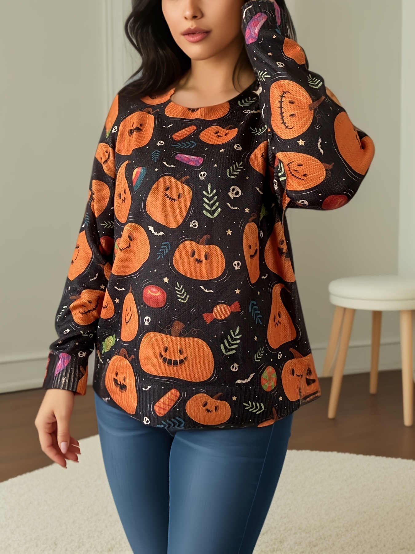 Cross-border European and American Halloween Funny Pumpkin Funny Printed Long-sleeve Pullover Sweater Autumn New Women's Loose Casual