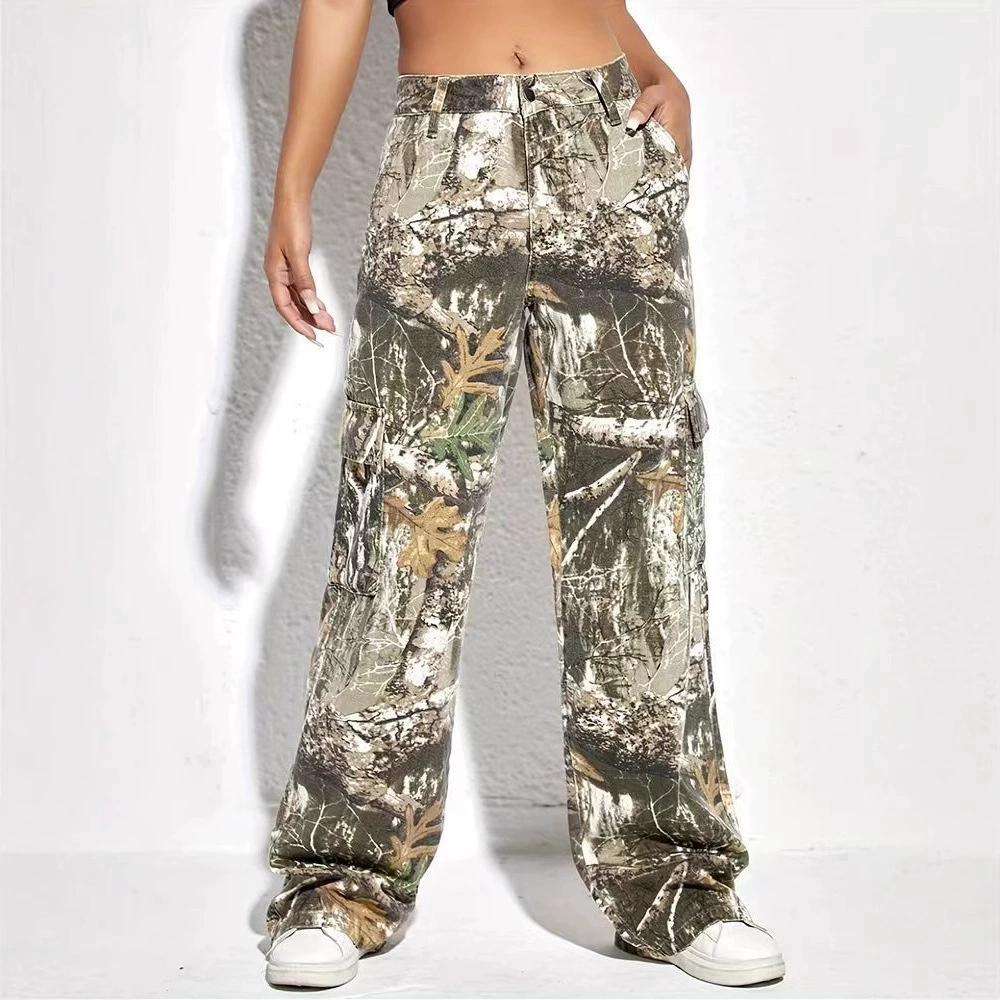 Вышитые с принтом камуфляжные брюки 2024 весна новая мода средняя талия сшивание молнии повседневные свободные прямые брюки для женщин