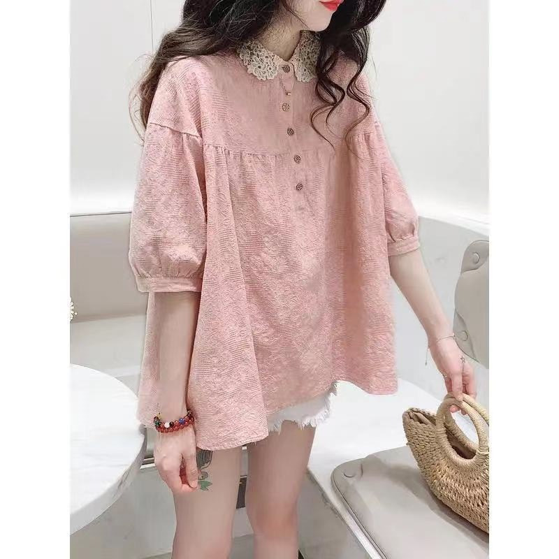 Doll-Style Top Korean Style Loose Sweet Lace Collar Patchwork Embroidered Solid Color Cotton Linen Doll Collar Shirt Women's Short Sleeve Doll-Style Top Korean Style Loose Sweet Lace Collar Patchwork Embroidered Solid Color Cotton Linen Doll Collar Shirt Women's Short Sleeve
