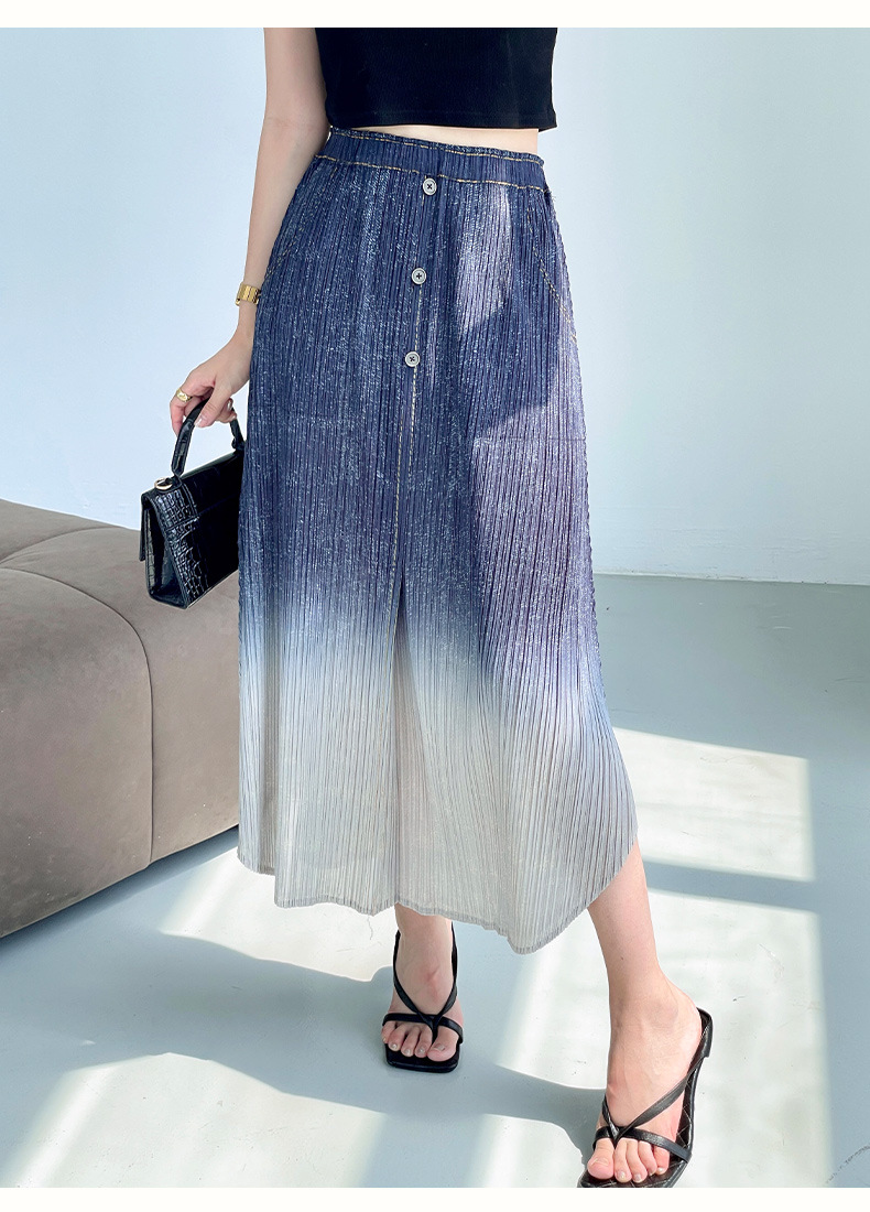 Chân váy xếp ly nữ cạp cao denim phối màu thời trang hè — Màu xanh lam chi tiết 12