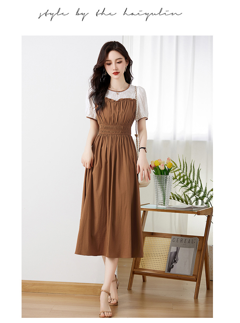 Váy chữ A tay phồng eo thon ren ghép giả hai mảnh Z8838 — Màu đen, Màu caramel chi tiết 14