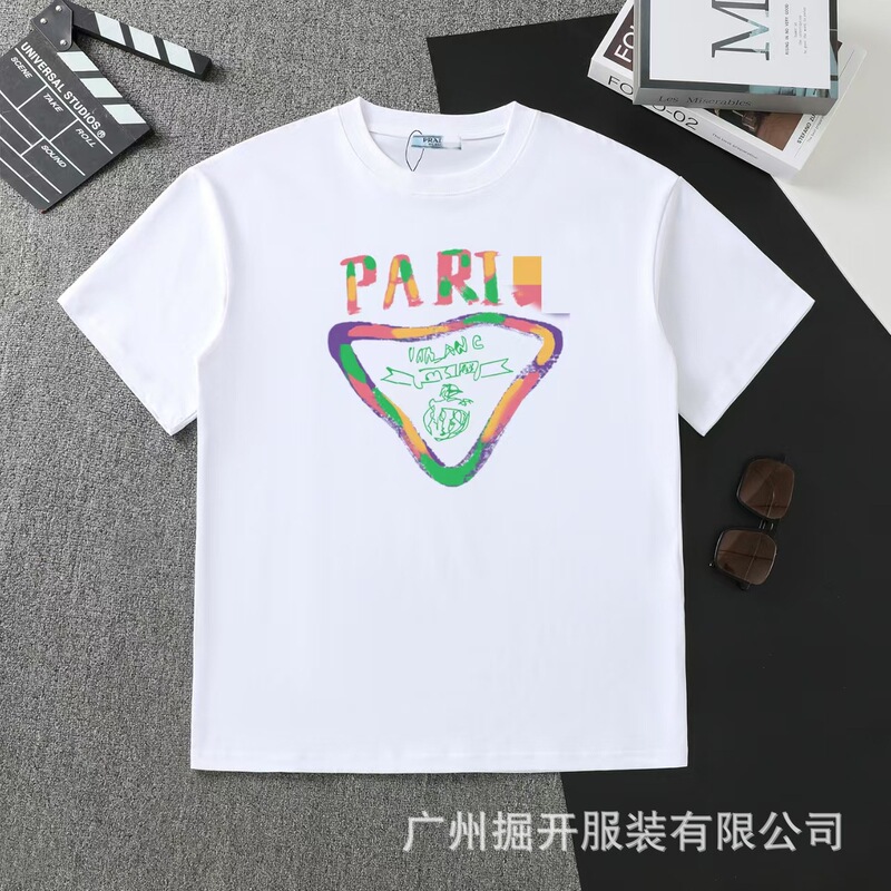 クロスボーダー 2025 夏のトレンドブランド P ファミリー新レタープリントラウンドネック Tシャツカジュアルファッショントレンド半袖男性と女性|undefined