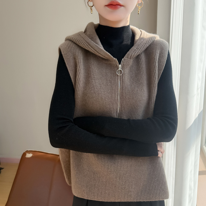 New zippered half-collar knitted vest for women, sleeveless hooded collar cardigan, short sweater top