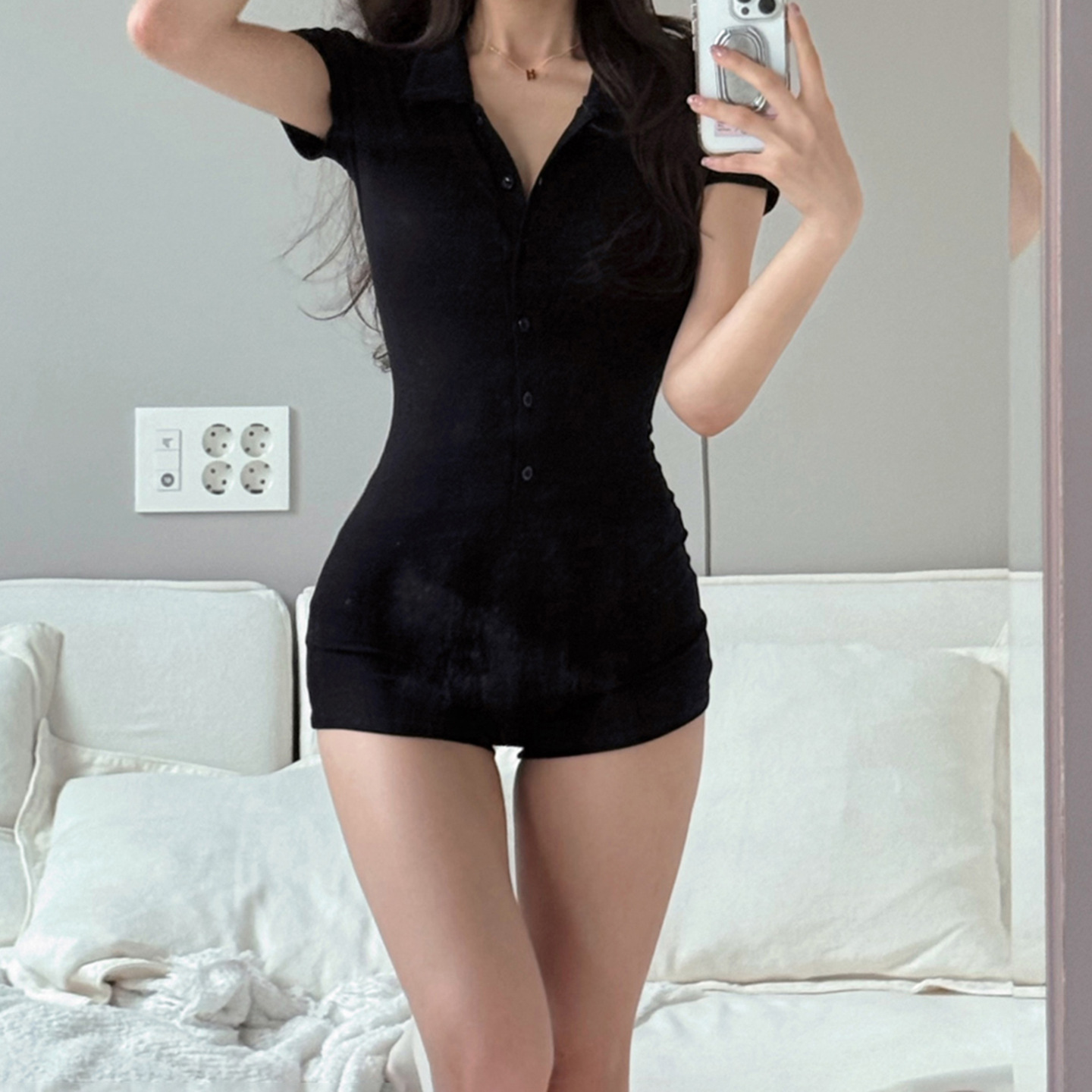New European and American Casual Style Slimming Polo Collar Short-Sleeved Tight Sports Sexy Pure Color Jumpsuit Shorts for Women