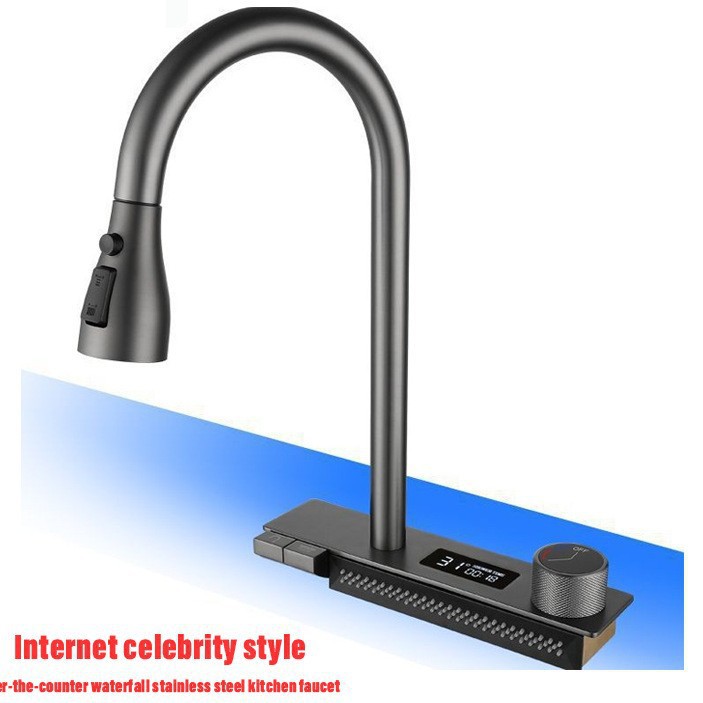 Grifo Extraíble con Cascada para Cocina de Acero Inoxidable Agua Fría y Caliente para Cocina