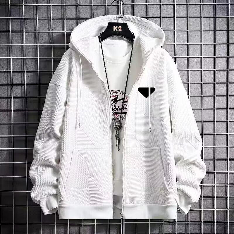 Men's Textured Triangle Hooded Jacket – Lightweight Sweatshirt Style, Loose Fit, Black & Grey (M-5XL)_viptrois.com