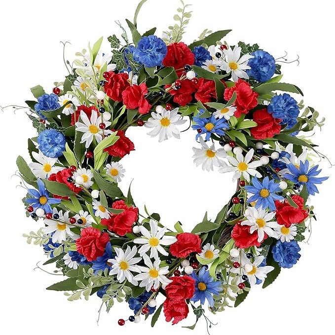 New custom-made cross-border American Independence Day artificial red, blue, and white carnation and daisy wreath for front door wall decoration New custom-made cross-border American Independence Day artificial red, blue, and white carnation and daisy wreath for front door wall decoration