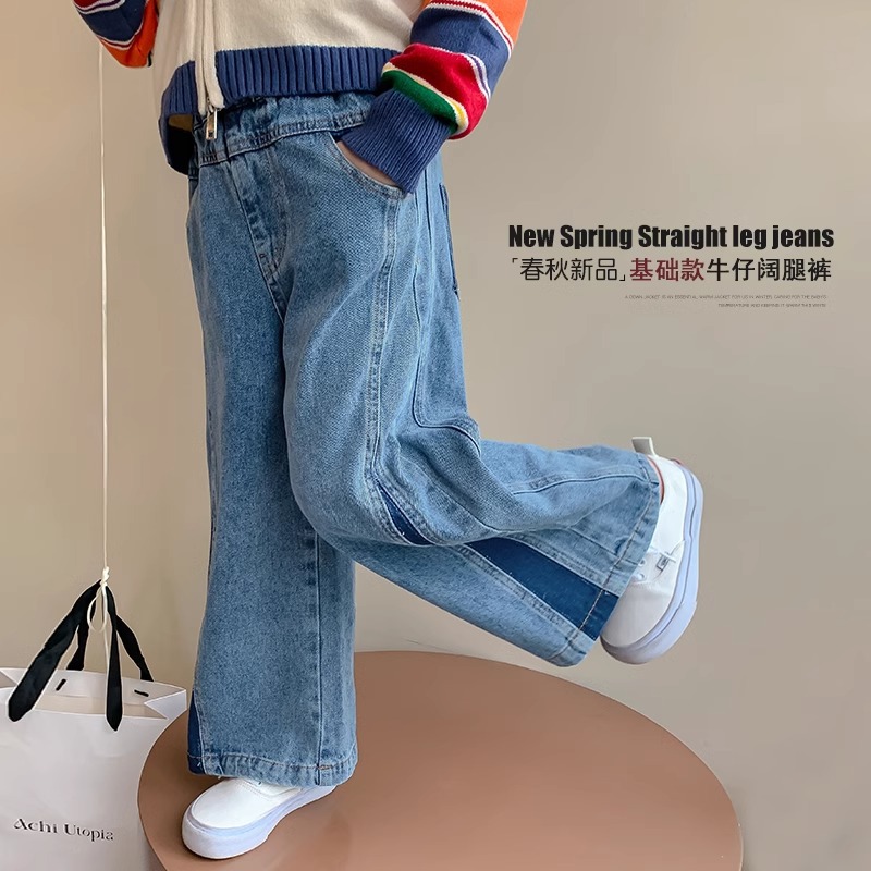 女童牛仔褲春夏款兒童春季拼接闊腿褲2024新款女寶寶春裝休閒褲子