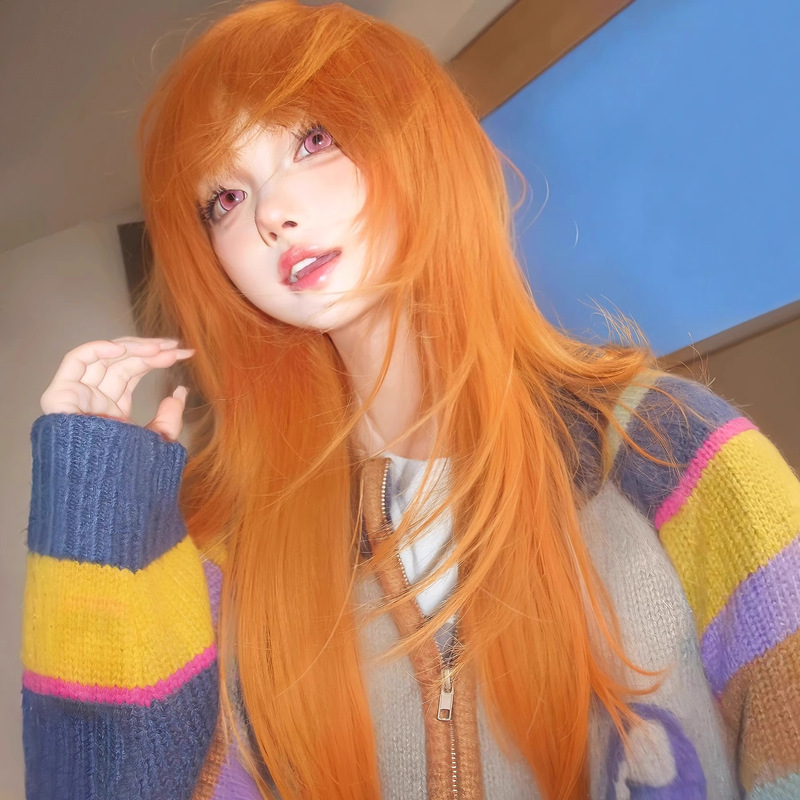 Wig Women's Air Bangs Long Straight Hair Dirty Orange Headgear Sweet Alien Sakura Double Leaf Natural Full Headgear