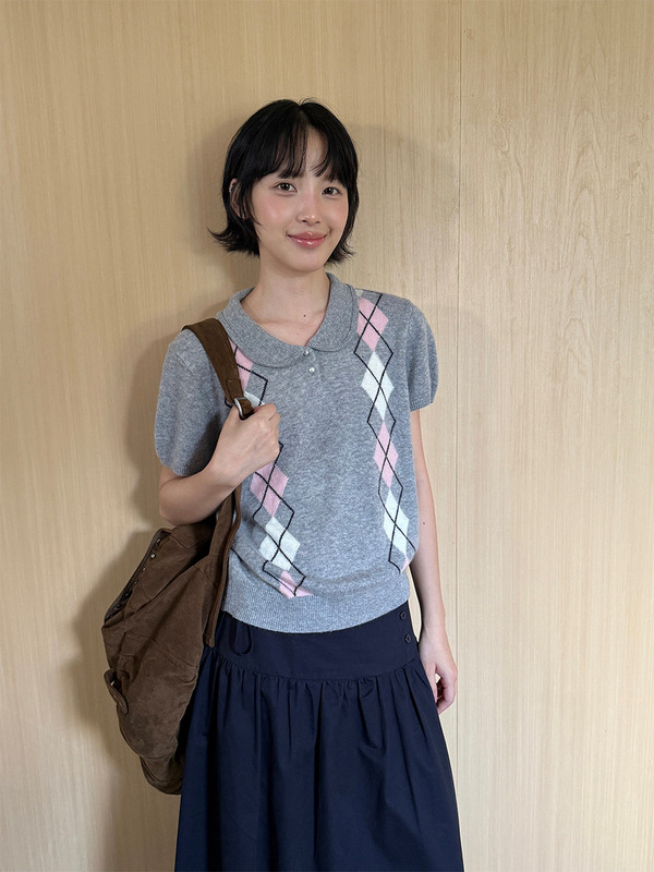 Fu miu系学院风菱格提花polo针织衫女2025秋季新款短袖羊毛衫1066|undefined