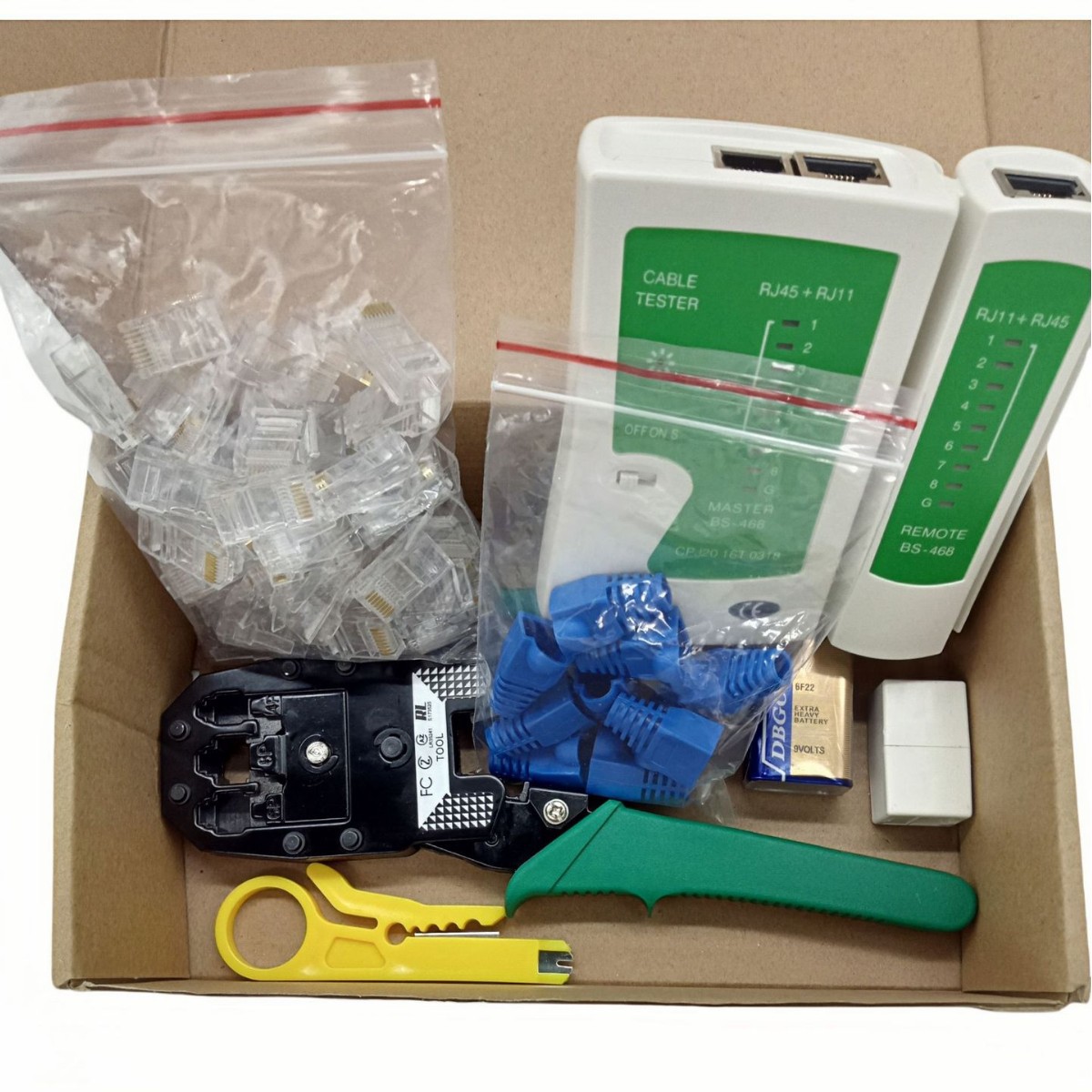 Net clamp tester 50 cristal cabeza alambre stripper vaina Butt herramienta de red conjunta 7 piezas combinación traje de cartón