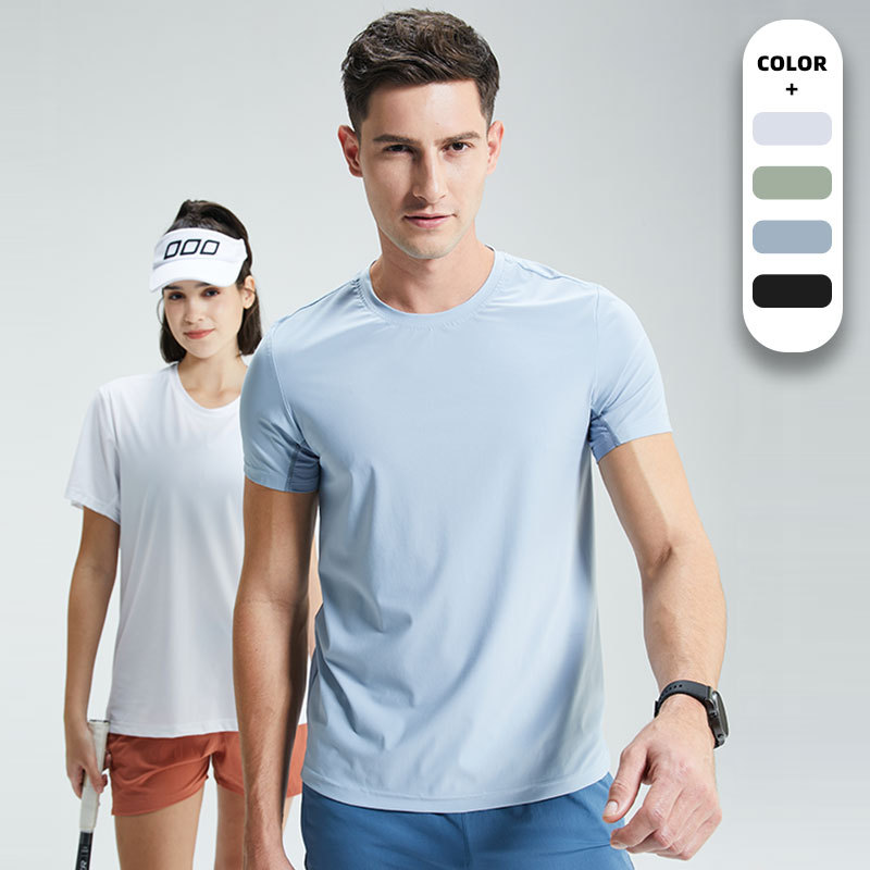 Camiseta de secado rápido elástica de color sólido para hombres, costura de malla transpirable de verano, ropa de fitness, ropa de secado rápido para correr, hombres de manga corta para deportes