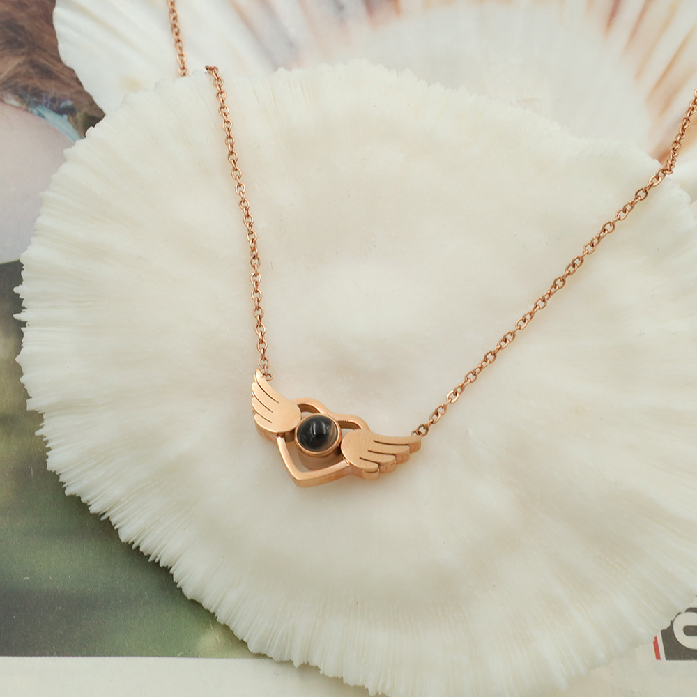 Rose Gold Color Women's Angel Wings Love Pendant Stainless Steel Necklace
