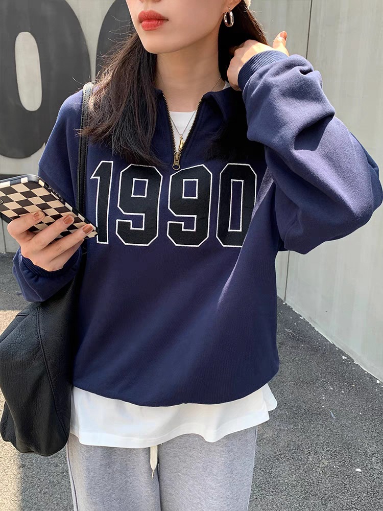 Women's American Style Retro Lapel Half Zip Sweatshirt Image 3