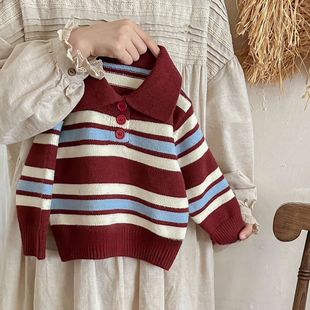 Autumn and winter Korean striped foreign-style children's sweater lapel POLO shirt baby boys and girls sweater 0138A202
