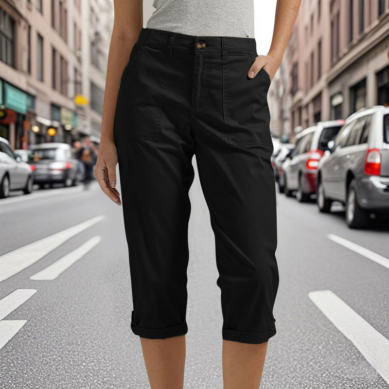 Amazon Cross-Border Women's Solid Color Cargo Pants with Button Waistband and Cuffed Hems, Women's Cropped Pants