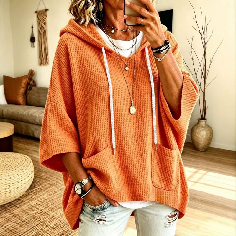 Amazon European and American Autumn New Cross-Border Knitted Hooded Drawstring Three-Quarter Sleeve Waffle Pattern Women's Sweatshirt with Pockets Amazon European and American Autumn New Cross-Border Knitted Hooded Drawstring Three-Quarter Sleeve Waffle Pattern Women's Sweatshirt with Pockets