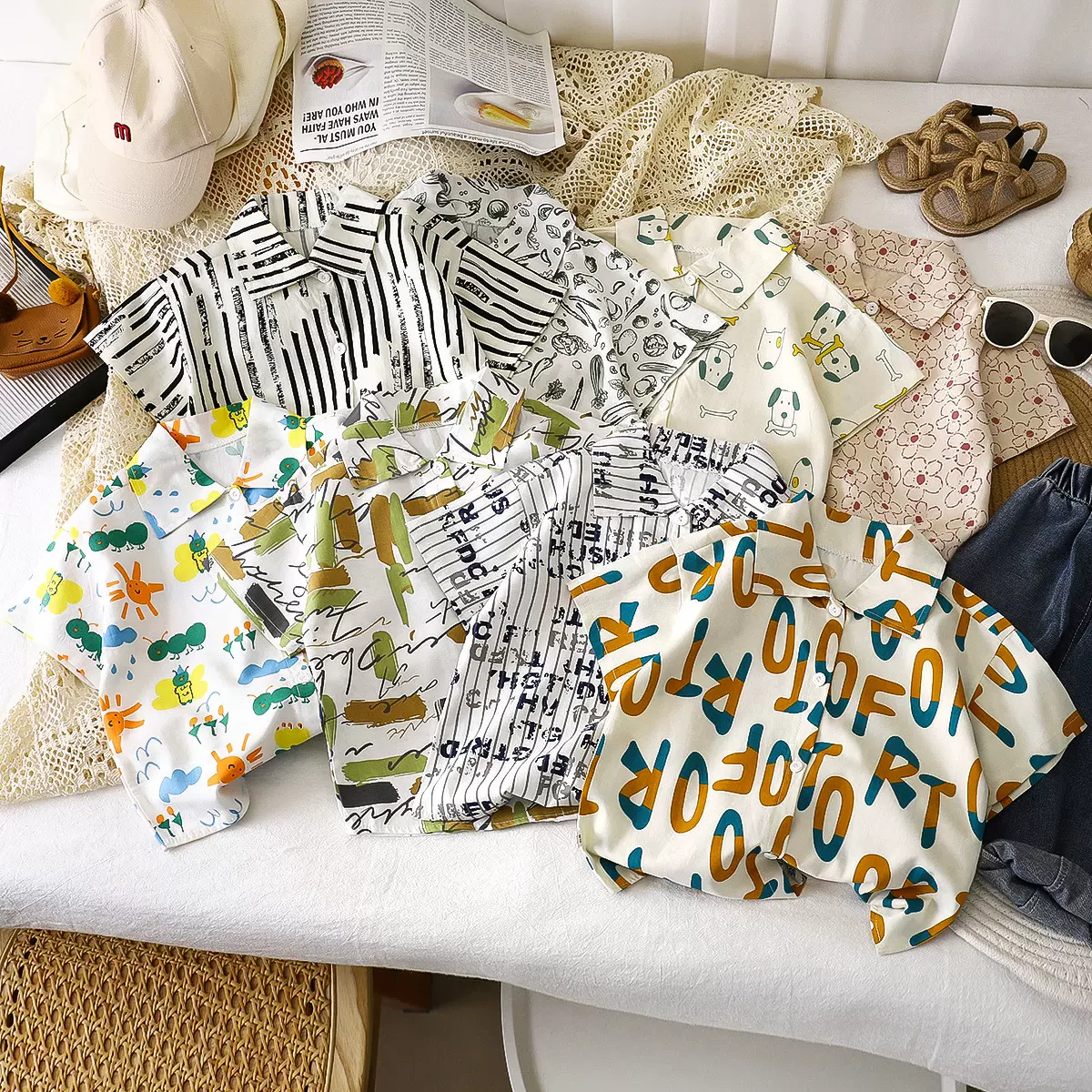 儿童衬衫夏季纯棉新款男童韩版短袖宝宝衬衣碎花中童上衣童装批发